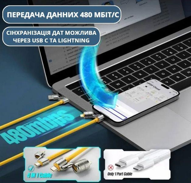Компактный кабель 4 в 1 для быстрой зарядки и передачи данных с защитой от перегрева 1,5 м Салатовый 0-338 фото